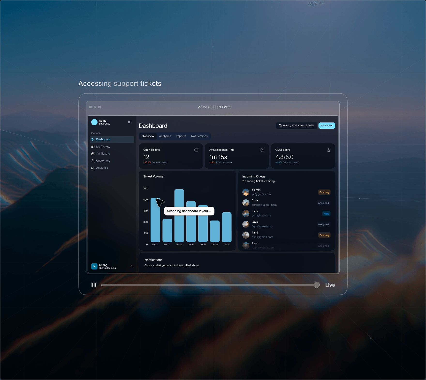 Agent operating a dashboard with live metrics
