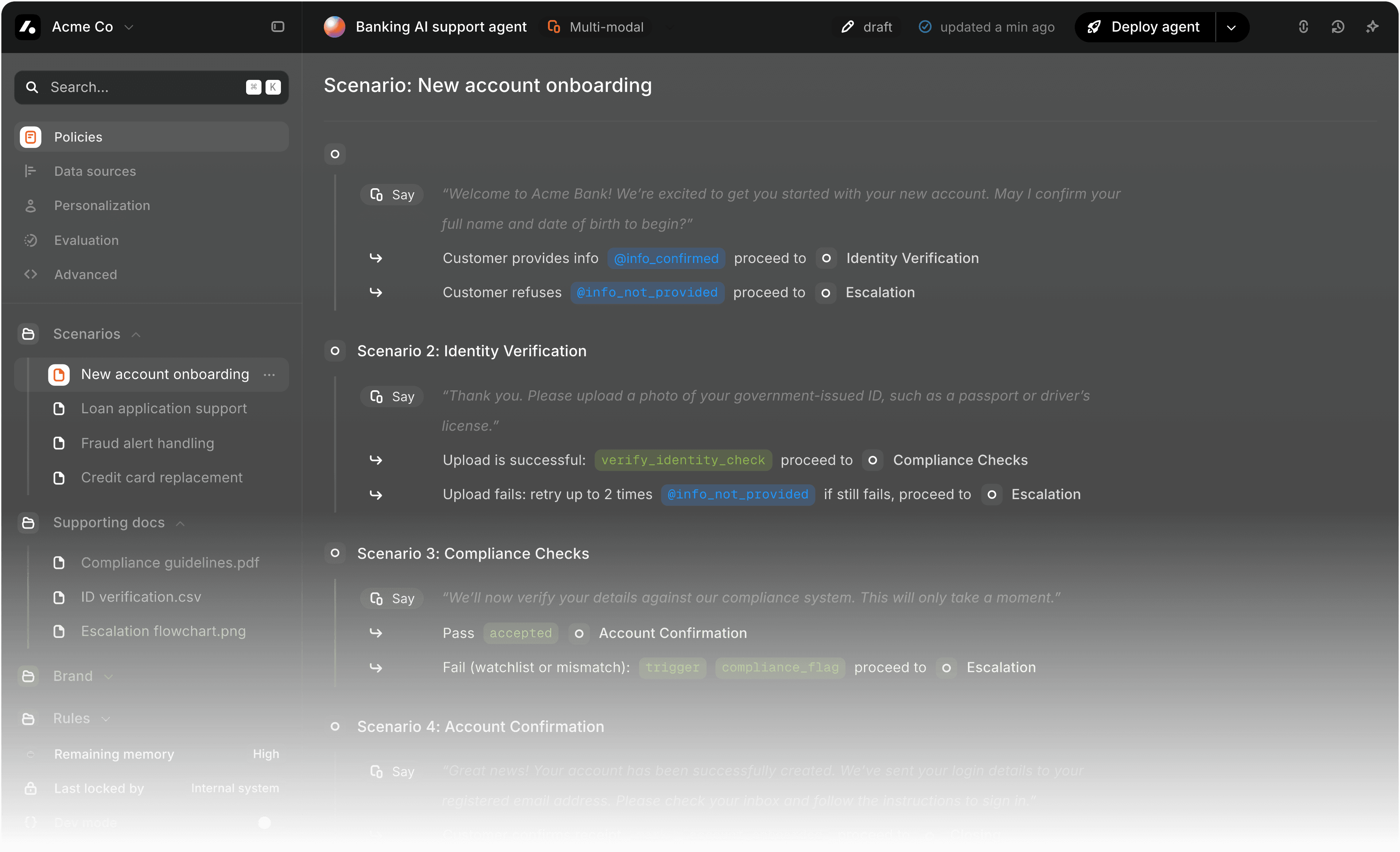 Agent Canvas scenario builder with new account onboarding workflow