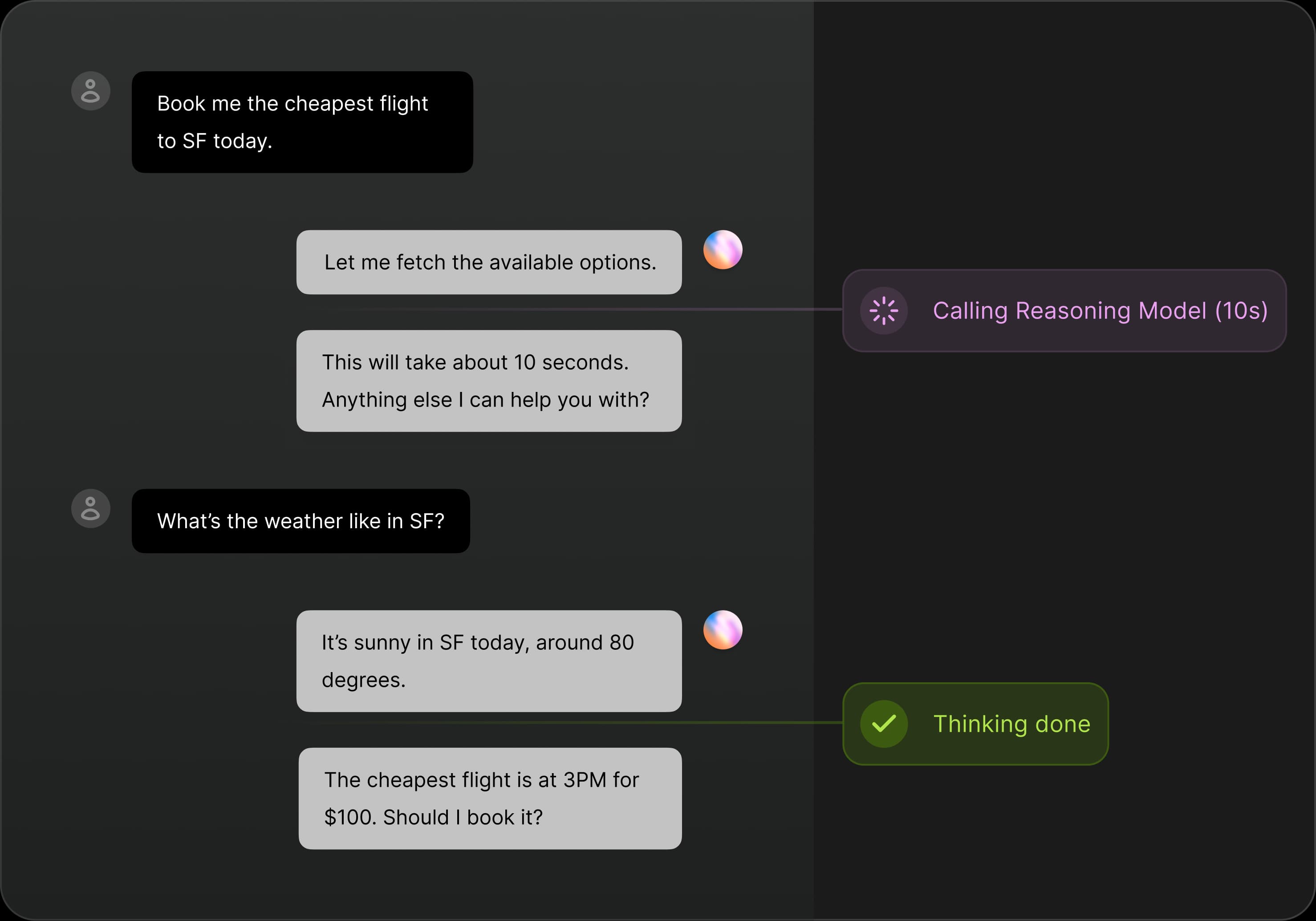 Chat conversation showing an autonomous voice agent booking a flight and answering a weather question.