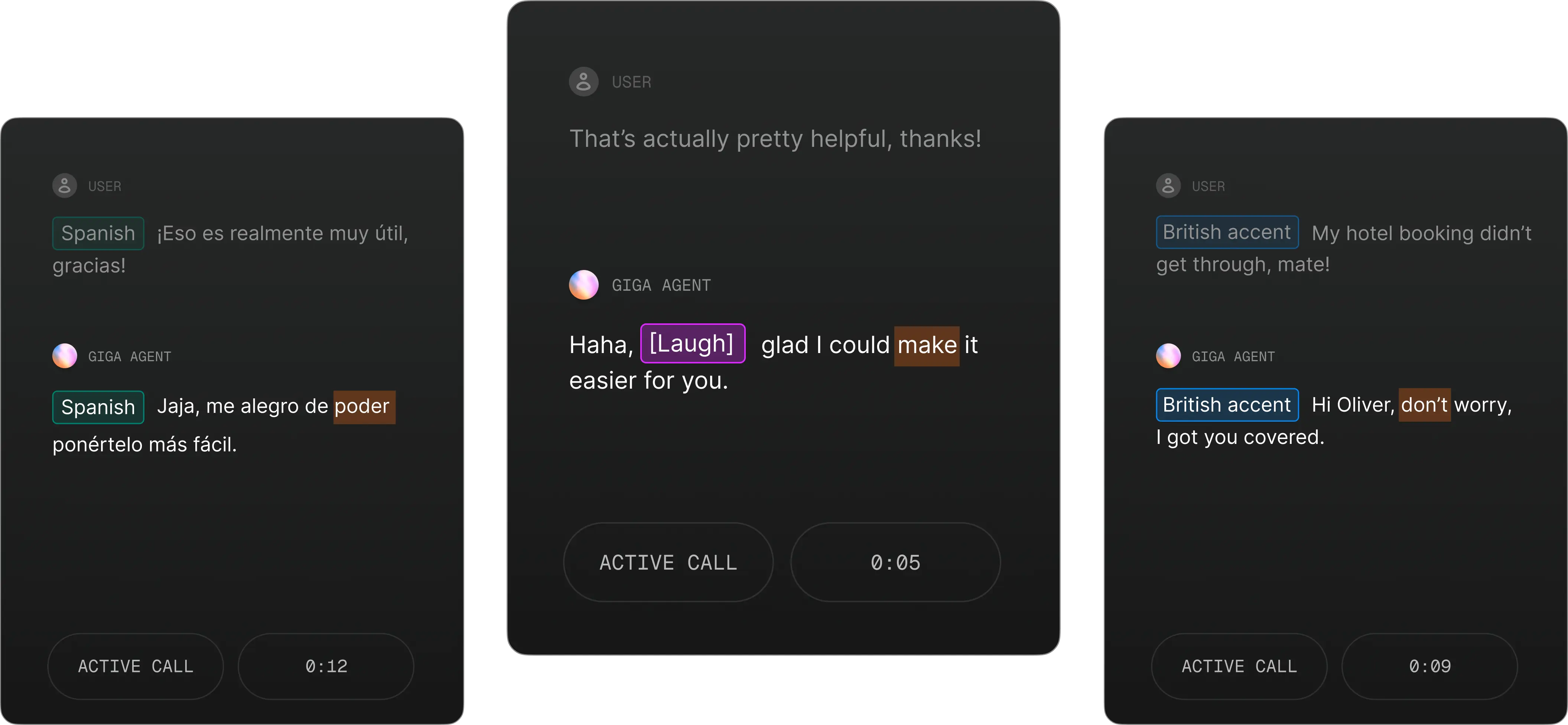 Three side-by-side call cards demonstrating multilingual voice agent responses with natural inflection and laughter.