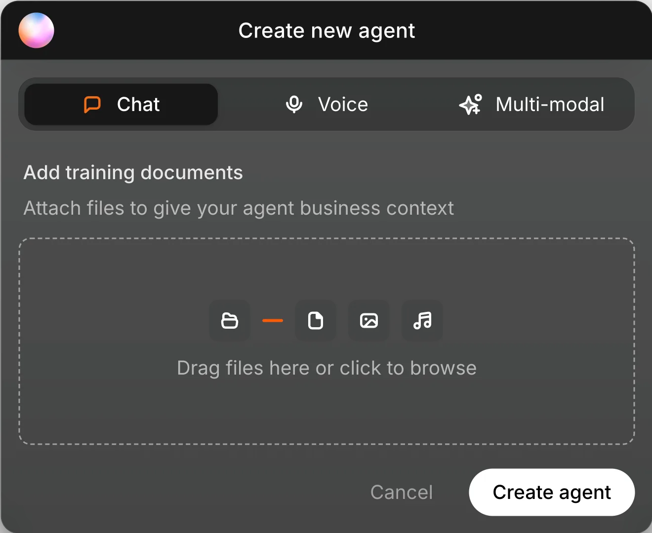 Agent Canvas create agent setup view