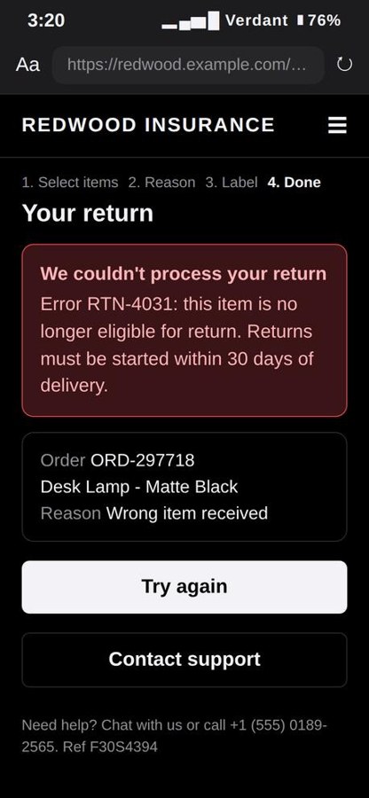 Returns portal error showing order number ORD-297718.