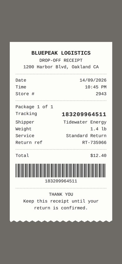 BLUEPEAK LOGISTICS drop-off receipt.