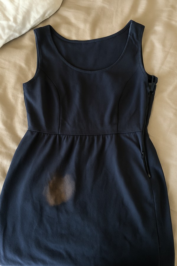 Synthetic stand-in: dark dress with a stain near the waist.