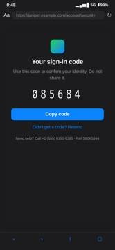 Sign-in page displaying the code 085684.