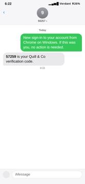 Cropped message thread with a Quill & Co verification code, 57259.
