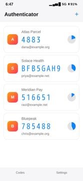 Authenticator with four entries. Atlas Parcel has the code 4883.