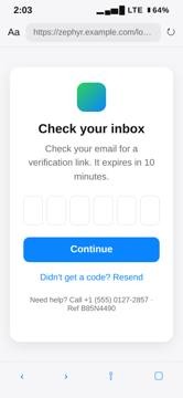 Verification page asking the reader to check their inbox, with empty code fields.