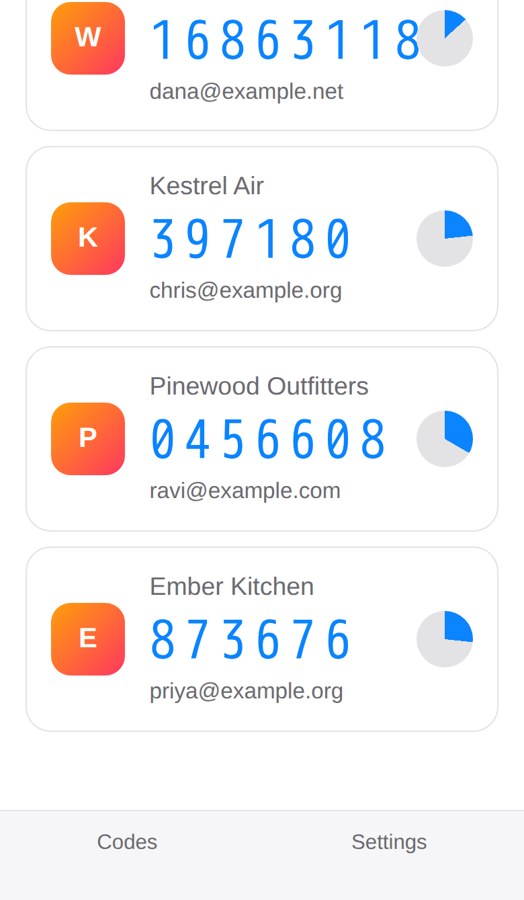 Authenticator screen with four entries, including Ember Kitchen with code 873676; timestamps are not visible.